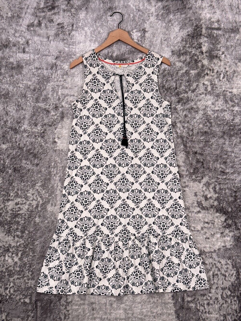 Boden Dress US 6 Womens White Floral Jersey Knit Tassel Tie Sleeveless